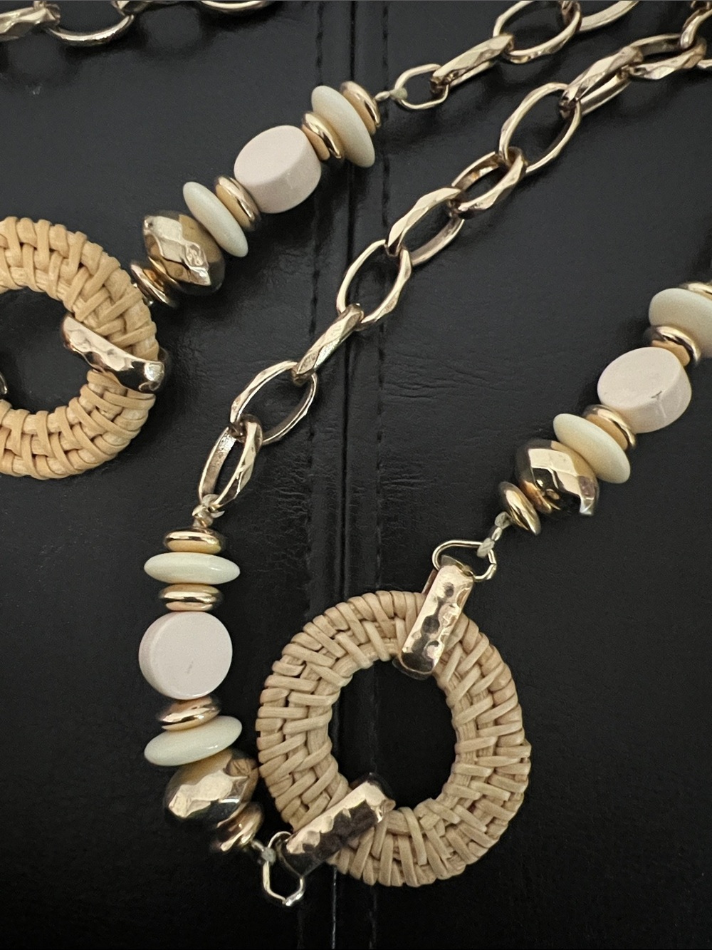 Gold and Cream Long Link Necklace with Woven Circle Accents - Picture 4 of 5